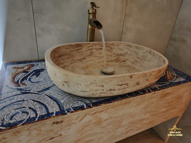 Χειροποίητα Ζωγραφιστά Πλακάκια Travertino σε Τεχνοτροπία Ψηφιδωτού Και Έπιπλο Μπάνιου Με Νιπτήρα Travertino Χειροποίητα Ζωγραφιστά Πλακάκια Travertino σε Τεχνοτροπία Ψηφιδωτού Και Έπιπλο Μπάνιου Με Νιπτήρα Travertino