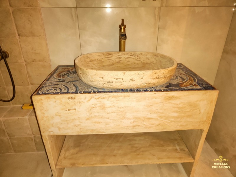 Χειροποίητα Ζωγραφιστά Πλακάκια Travertino σε Τεχνοτροπία Ψηφιδωτού Και Έπιπλο Μπάνιου Με Νιπτήρα Travertino Χειροποίητα Ζωγραφιστά Πλακάκια Travertino σε Τεχνοτροπία Ψηφιδωτού Και Έπιπλο Μπάνιου Με Νιπτήρα Travertino