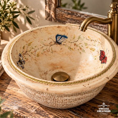 Travertino F42  Χειροποίητος Νιπτήρας με Ζωγραφιστές Πεταλούδες
