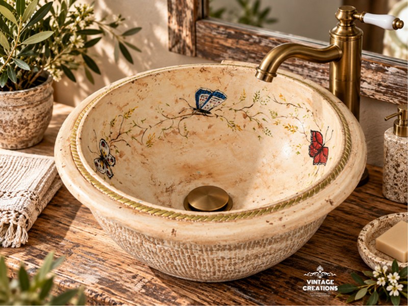 Travertino F42 Χειροποίητος Νιπτήρας με Ζωγραφιστές Πεταλούδες Travertino F42 Χειροποίητος Νιπτήρας με Ζωγραφιστές Πεταλούδες