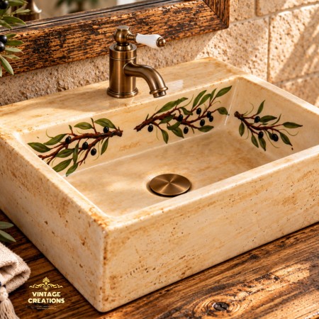 Travertino Νιπτήρας Ελληνικός Παραδοσιακός Σχέδιο Ελιά