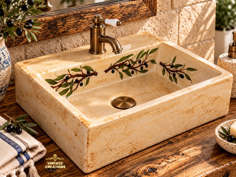 Travertino Νιπτήρας Ελληνικός Παραδοσιακός Σχέδιο Ελιά Travertino Νιπτήρας Ελληνικός Παραδοσιακός Σχέδιο Ελιά