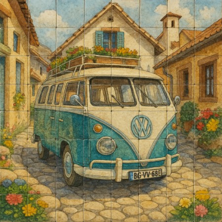 Χειροποίητη Παράσταση σε Πλακάκια – Volkswagen T2 Vintage Van Χειροποίητη Παράσταση σε Πλακάκια – Volkswagen T2 Vintage Van