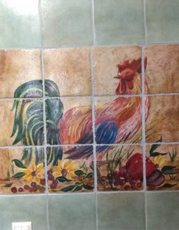 Handmade Πλακάκια Τραβερτίνο Παράσταση Κόκορας 