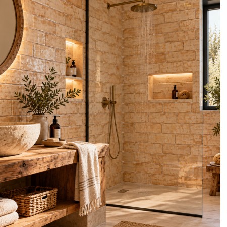 Χειροποίητα Πλακάκια Παράλληλα Travertino  Πατώματος Τοίχου Μέτσοβο