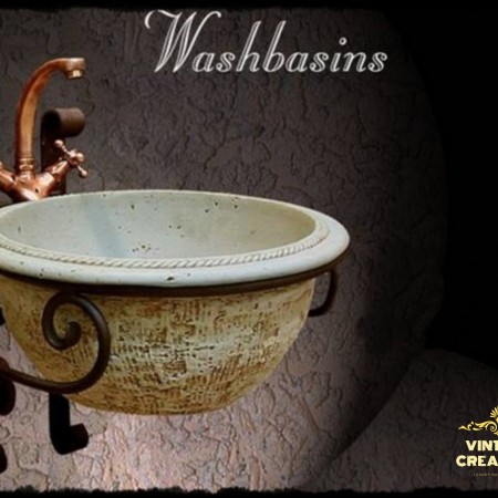 Νιπτήρες Ρουστίκ Travertino 43 cm χ 18 cm με Βάσεις Μεταλλικές Τοίχου Σετ Μύκονος.